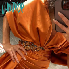 Lunivop Off The Shoulder Satin Evening Dresses V-Neck Sexy Mermaid Pleat Prom Gowns Beading Crystal