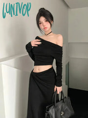 Lunivop Old Money Style T Shirt Women Off Shoulder Korean Fashion Tops White Black Aesthetic