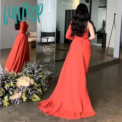 Lunivop One Shoulder Beaded Pearls Evening Dress With Long Sleeve Sexy Tea-Length Mermaid Party