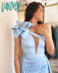 Lunivop One Shoulder Flower Formal Evening Dresses Sexy Floor-Length Mermaid Party Gown Pleat Court