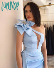 Lunivop One Shoulder Flower Formal Evening Dresses Sexy Floor-Length Mermaid Party Gown Pleat Court