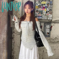 Lunivop One-Shoulder Knitted Sweaters Pullover For Women Summer Sexy See Through Irregular Knitwear