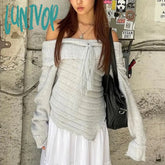 Lunivop One-Shoulder Knitted Sweaters Pullover For Women Summer Sexy See Through Irregular Knitwear