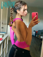 Lunivop One-Shoulder Sexy Bodysuit Lingerie See-Through Sheer Body Tops Women New Daimonds Nude