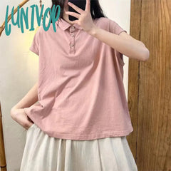 outfit inspo 2024 Summer New Pure Color Simple Lapel Pullover Short-Sleeved T-shirt Women's Loose All-Match Casual Cotton Top
