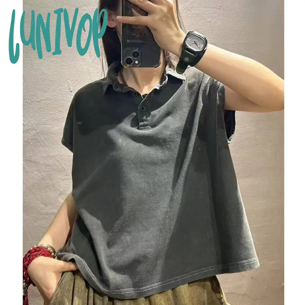 outfit inspo 2024 Summer New Pure Color Simple Lapel Pullover Short-Sleeved T-shirt Women's Loose All-Match Casual Cotton Top