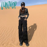 outfit inspo American-Style Black Straight Overalls Women's Autumn New Multi-Pocket Trendy Design Wide Leg Loose Slimming Long Pants