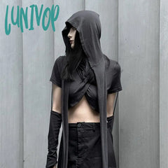outfit inspo Hooded Two-Piece Top Women's Black Cross Long Sleeve Ultra Short Style
