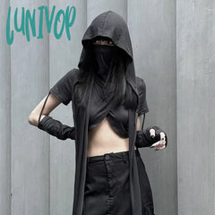 outfit inspo Hooded Two-Piece Top Women's Black Cross Long Sleeve Ultra Short Style