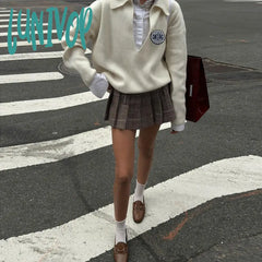 outfit inspo Style 2024 Autumn New Women's Solid Color Loose Long-Sleeved Sweater Fashion High Waist Pleated Skirt