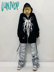 Lunivop Oversize Full Zip Graphic Hoodies Women Grunge Streetwear Black Up Hooded Sweatshirts Men