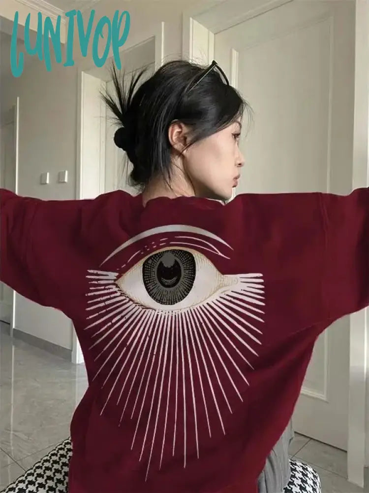 Lunivop Oversize Red Graphic Sweatshirts Women Streetwear Aesthetic Eye Print Pullover Grunge Punk