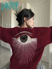 Lunivop Oversize Red Graphic Sweatshirts Women Streetwear Aesthetic Eye Print Pullover Grunge Punk