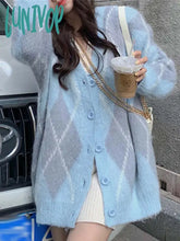 Lunivop Oversized Cardigan Women Vintage Argyle Preppy Style Knitted Sweater Female Korean Fashion