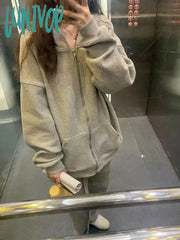 Lunivop Oversized Solid Zip Up Hoodies Women Harajuku Streetwear Grey Hooded Sweatshirts Casual