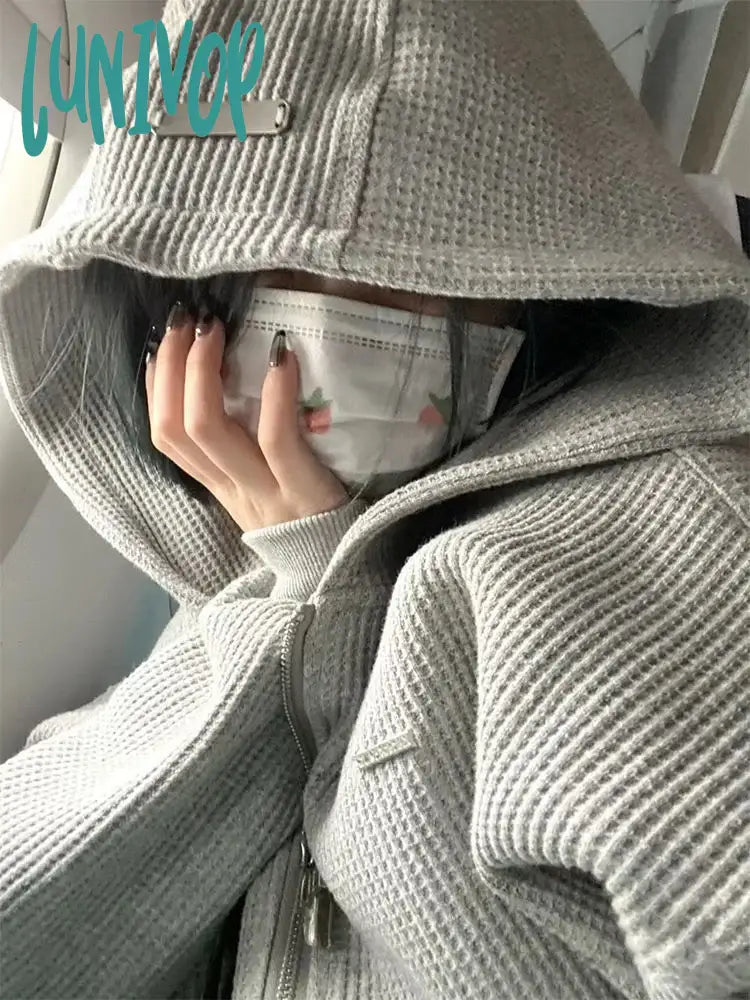 Lunivop Oversized Solid Zip Up Hoodies Women Harajuku Streetwear Grey Hooded Sweatshirts Casual