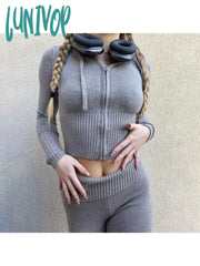 Lunivop Pant Sets Women’s Two-Piece Set Y2K Clothing Tracksuit Knit Hooded Suit Fashion