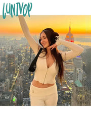 Lunivop Pant Sets Women’s Two-Piece Set Y2K Clothing Tracksuit Knit Hooded Suit Fashion