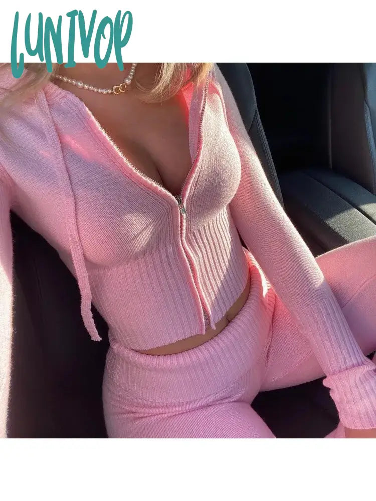 Lunivop Pant Sets Women’s Two-Piece Set Y2K Clothing Tracksuit Knit Hooded Suit Fashion