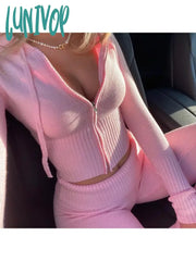 Lunivop Pant Sets Women’s Two-Piece Set Y2K Clothing Tracksuit Knit Hooded Suit Fashion