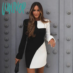 Lunivop Patchwork Elegant Dress Women Long Sleeve Autumn Winter Mini Black White O Neck 2024 Sexy