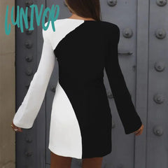 Lunivop Patchwork Elegant Dress Women Long Sleeve Autumn Winter Mini Black White O Neck 2024 Sexy