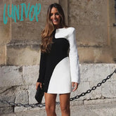 Lunivop Patchwork Elegant Dress Women Long Sleeve Autumn Winter Mini Black White O Neck 2024 Sexy