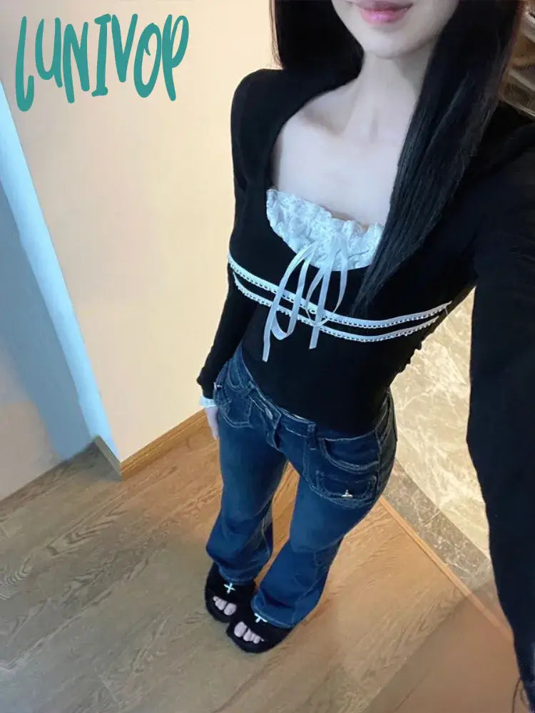 Lunivop Patchwork Lace Bow Sweet Y2K Aesthetic T-Shirts Vintage Knitted Women Long Sleeve Tshirts