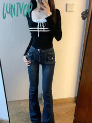 Lunivop Patchwork Lace Bow Sweet Y2K Aesthetic T-Shirts Vintage Knitted Women Long Sleeve Tshirts