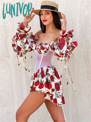 Lunivop Patchwork Ruffle Print Mesh Off Shoulder Dress Women Sweet Tie Up See Through Long Sleeve