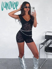 Lunivop Patchwork See Through Lace Women Bodysuit White V Neck Bodycon Rompers Femme Summer Elastic