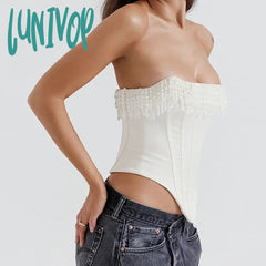 Lunivop Pearl Tassel Sexy Slim Corset Women 2024 New Strapless Backless Irregular Cropped Tops