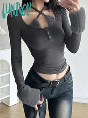 Lunivop Personality Patchwork Fluffy Bandage Crop Top Vintage Y2K Aesthetic Square Collar Button