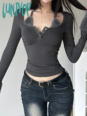 Lunivop Personality Patchwork Fluffy Bandage Crop Top Vintage Y2K Aesthetic Square Collar Button