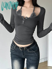 Lunivop Personality Patchwork Fluffy Bandage Crop Top Vintage Y2K Aesthetic Square Collar Button