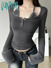 Lunivop Personality Patchwork Fluffy Bandage Crop Top Vintage Y2K Aesthetic Square Collar Button