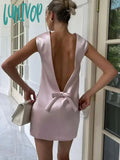Lunivop Pink Backless Satin Bow Mini Dress For Women Sweeto-neck Sexy Sleeveless Short Dresses 2024 Party Elegant Ladies Evening Robes