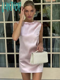 Lunivop Pink Backless Satin Bow Mini Dress For Women Sweeto-Neck Sexy Sleeveless Short Dresses 2024
