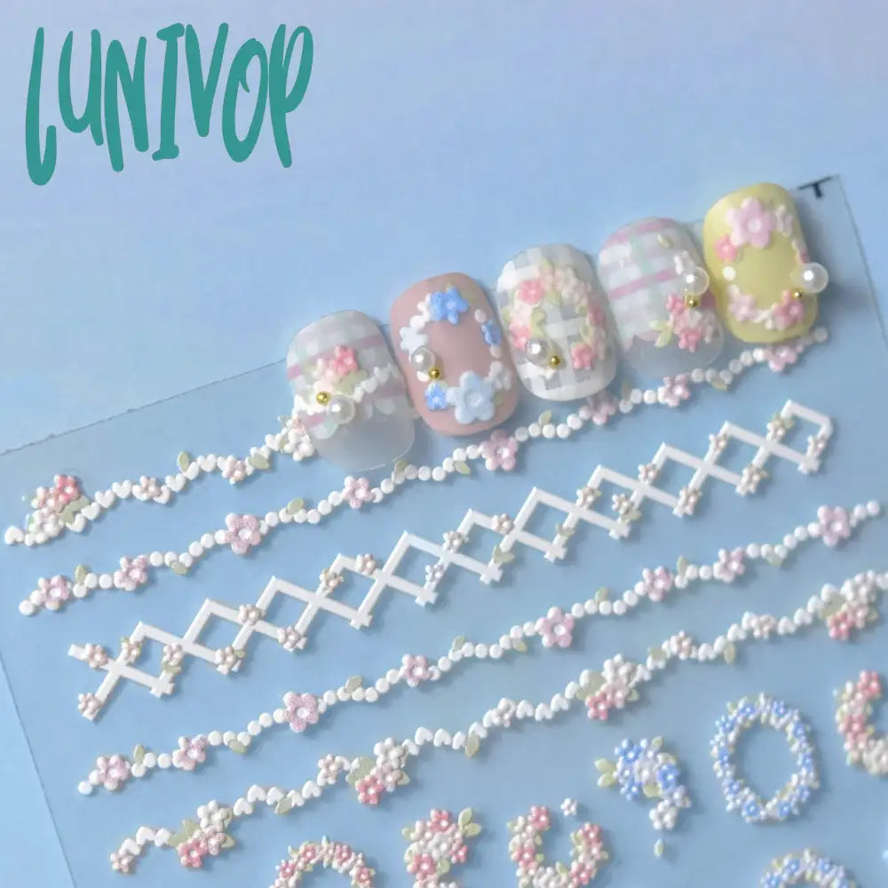 Lunivop Pink Blue Cute Little Flowers Love Heart 5D Embossed Reliefs Self Adhesive Nail Art