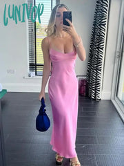 Lunivop Pink Camis Satin Long Dresses Elegant Sleeveless Slip Holiday Party Sexy Casual Backless