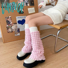 Lunivop Pink Girl Leg Warmers Y2K Cream Puff Straps Pile Socks Vintage Cloud Wide Harajuku Knitted