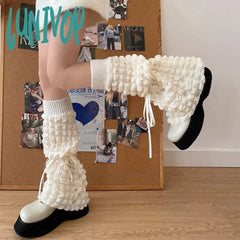 Lunivop Pink Girl Leg Warmers Y2K Cream Puff Straps Pile Socks Vintage Cloud Wide Harajuku Knitted