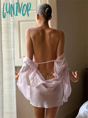 Lunivop Pink Mesh Backless Mini Dress Female See-Through Summer Sexy Long Sleeve Lace-Up V-Neck