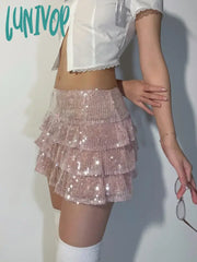 Lunivop Pink Sequin Mini Skirt Women Coquette Low Waist Ruffle Patchwork Cute Sexy Micro Y2K Summer