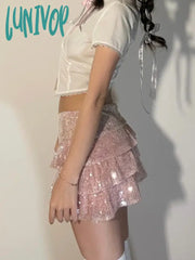 Lunivop Pink Sequin Mini Skirt Women Coquette Low Waist Ruffle Patchwork Cute Sexy Micro Y2K Summer