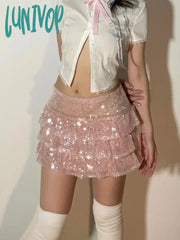 Lunivop Pink Sequin Mini Skirt Women Coquette Low Waist Ruffle Patchwork Cute Sexy Micro Y2K Summer