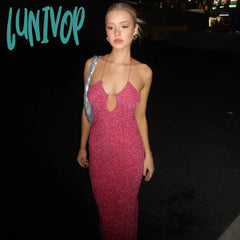 Lunivop Pink Sequined Halter Prom Maxi Dress Evening Party Hollow Out Glitter Beaded Tie-Back Slit