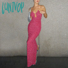 Lunivop Pink Sequined Halter Prom Maxi Dress Evening Party Hollow Out Glitter Beaded Tie-Back Slit