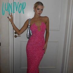 Lunivop Pink Sequined Halter Prom Maxi Dress Evening Party Hollow Out Glitter Beaded Tie-Back Slit
