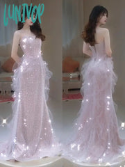 Lunivop Pink Shiny Strapless Celebrity Dresses Bead Sleeveless Off Shoulder Tulle Elegant Light
